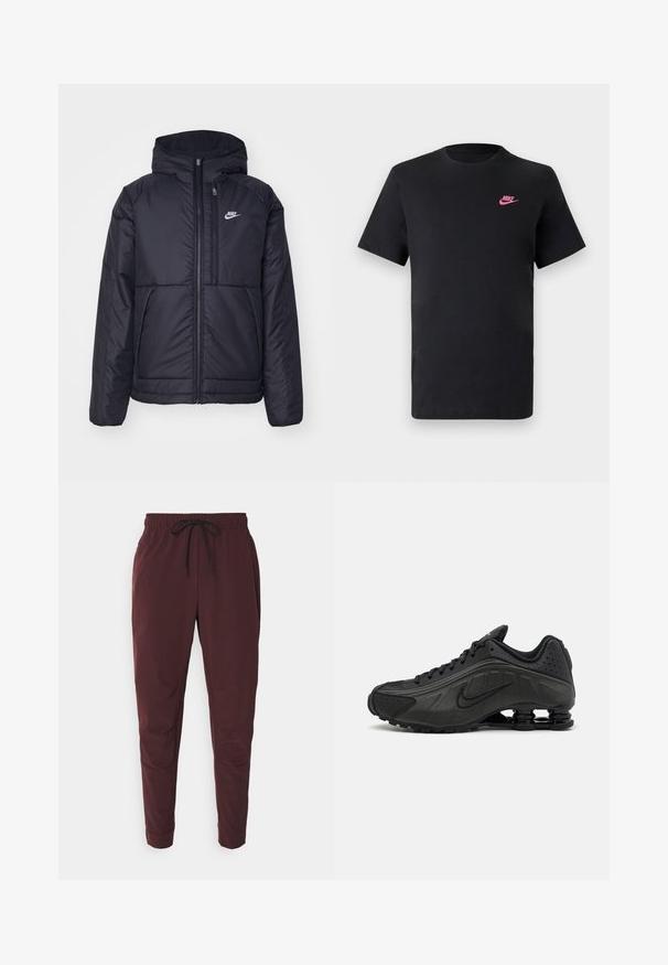 Casaco Nike preto, acolchoado, com fecho à frente e capuz. Apresenta um logo branco no lado esquerdo do peito e dois bolsos frontais. Textura exterior lisa.; T-shirt de algodão preto com decote redondo e mangas curtas. Apresenta um logótipo da Nike rosa no lado superior esquerdo. Textura suave.; Calças jogger bordô feitas de tecido macio, com uma cintura elástica, cordão ajustável e pernas afuniladas com punhos. Sem padrões ou detalhes.; Ténis de corrida pretos com um upper sintético suave, acentos perfurados, painéis laterais texturizados e uma sola distinta e elástica.