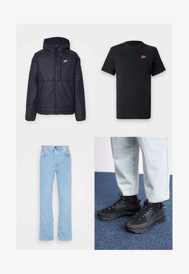 Black, padded Nike jacket with a front zipper and hood. Features a white logo on the left chest and dual front pockets. Smooth exterior texture.; Black cotton t-shirt with a round neckline and short sleeves. Features a pink Nike logo on the upper left side. Smooth texture.; Light blue denim jeans with straight legs, high waist, and five-pocket design. Features a button fastening and subtle whiskering on the fabric.; Black athletic shoes with textured fabric and rubber soles, featuring elastic laces and a blue accent on the heel. Worn with light denim pants.