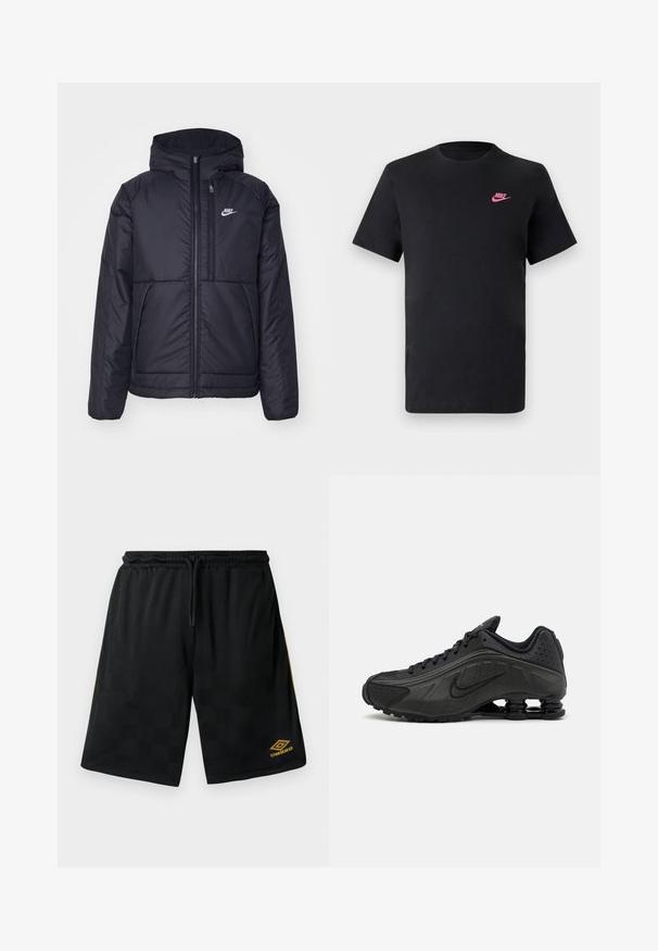 Juodas, paminkštintas Nike džemperis su priekyje užtrauktuku ir gobtuvu. Pasižymi balta logo kairėje krūtinės pusėje ir dviem priekinėmis kišenėmis. Su lygiu išoriniu paviršiumi.; Juodas medvilninis marškinėliai su apvalia apykakle ir trumpomis rankovėmis. Viršutiniame kairiajame kampe yra rožinė Nike logo. Lygus paviršius.; Juodi sportiniai šortai su subtiliu languotu raštu, elastinga juosmens juosta su juostele, auksinė Umbro logo ant apatinės kojos ir auksinės šoninės juostelės.; Juodi bėgimo bateliai su lygiu sintetiniu paviršiumi, perforuotomis detalėmis, tekstūruotais šonų skydeliais ir išskirtiniu elastingu padu.