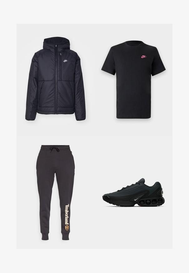 Black, padded Nike jacket with a front zipper and hood. Features a white logo on the left chest and dual front pockets. Smooth exterior texture.; Black cotton t-shirt with a round neckline and short sleeves. Features a pink Nike logo on the upper left side. Smooth texture.; Black sweatpants made of soft fabric, featuring an elastic waistband with drawstring, tapered legs, and a printed "Timberland" logo in light beige.; Black athletic shoe with textured fabric upper, curved design, prominent midsole, and visible cushioning elements. Features white logo detail.