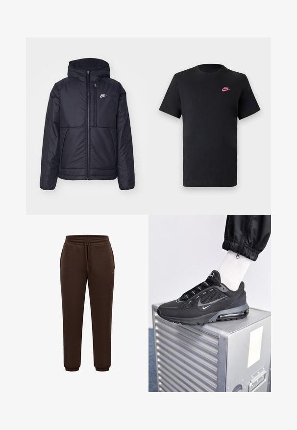 Zwarte, gewatteerde Nike-jas met een voorkant met ritssluiting en capuchon. Kenmerkt zich door een wit logo op de linkerborst en dubbele frontzakken. Gladde buitenkant.; Zwarte katoenen T-shirt met een ronde halslijn en korte mouwen. Bevat een roze Nike-logo aan de bovenkant aan de linkerzijde. Glad textuur.; Bruine trainingsbroek met een elastische tailleband, verstelbare trekkoord, zijzakken en geribde enkelmanchet. Glad stoffen textuur en eenvoudig ontwerp.; Nike Sportswear PULSE - Sneakers laag - black/anthracite