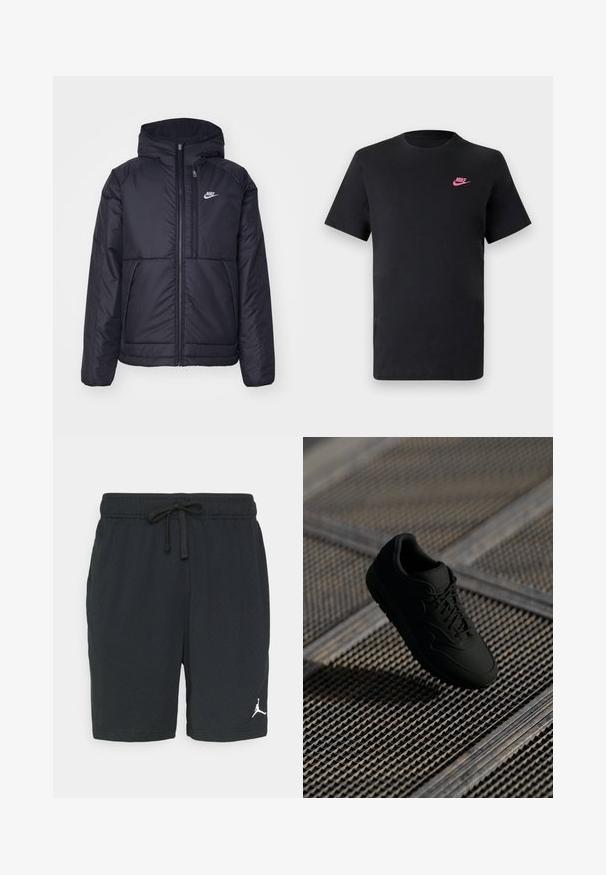 Čierna, polstrovaná bunda Nike so zipsom vpredu a kapucňou. Na ľavej strane hrude sa nachádza biele logo a sú tu dva predné vrecká. Hladký vonkajší povrch.; Čierne bavlnené tričko s okrúhlym výstrihom a krátkymi rukávmi. Na hornej ľavej strane je umiestnené ružové logo Nike. Hladká textúra.; Čierne športové kraťasy vyrobené z perforovanej tkaniny s elastickým pásom a šnúrkou na stiahnutie. Na spodnej ľavej strane sa nachádza biele logo.; Čierne tenisky s hladkou textúrou, okrúlou špičkou, šnurovaním a decentným logom. Zobrazené na textúrovanom, industriálnom pozadí.