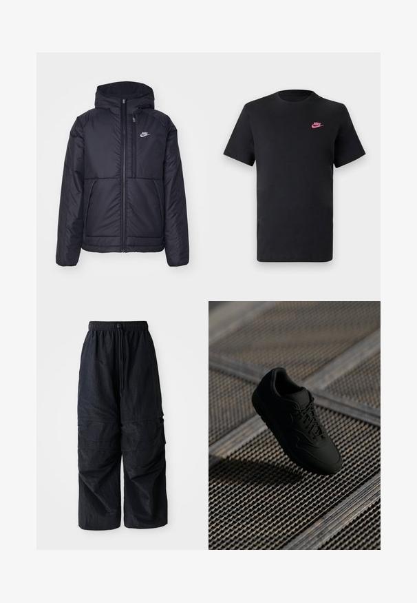 Svart, polstret Nike-jakke med frontglidelås og hette. Har en hvit logo på venstre bryst og doble frontlommer. Glatt ytterside.; Svart bomull T-skjorte med rund hals og korte ermer. Har en rosa Nike-logo på øvre venstre side. Glatt tekstur.; Svarte lette nylon cargo-bukser med elastisk midjebånd, justerbar snor og flere lagrede lommer på beina.; Svart sneaker med en jevn tekstur, rund tå, snøring foran og subtil merkevare. Vist mot en teksturert, industriell bakgrunn.