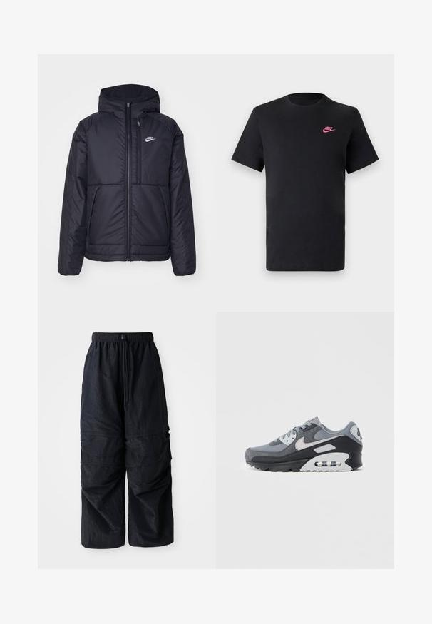 Svart, polstret Nike-jakke med frontglidelås og hette. Har en hvit logo på venstre bryst og doble frontlommer. Glatt ytterside.; Svart bomull T-skjorte med rund hals og korte ermer. Har en rosa Nike-logo på øvre venstre side. Glatt tekstur.; Svarte lette nylon cargo-bukser med elastisk midjebånd, justerbar snor og flere lagrede lommer på beina.; Grå joggesko med en blanding av mesh og semsket skinn, med svart såle og synlig luftpute. Merkbare lysegrå detaljer og lisser.