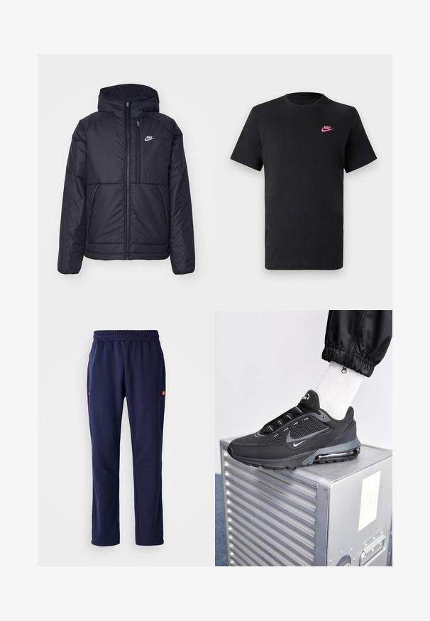 Schwarze, gepolsterte Nike-Jacke mit Frontreißverschluss und Kapuze. Hat ein weißes Logo auf der linken Brust und zwei Fronttaschen. Glattes äußeres Material.; Schwarzes Baumwoll-T-Shirt mit rundem Ausschnitt und kurzen Ärmeln. Mit einem pinken Nike-Logo auf der oberen linken Seite. Glatte Textur.; Marineblaue Jogginghose mit elastischem Bund, seitlichen Taschen und einem kleinen Logo-Detail auf der linken Tasche. Hergestellt aus einem weichen, glatten Stoff.; Nike Sportswear PULSE - Sneaker low - black/anthracite