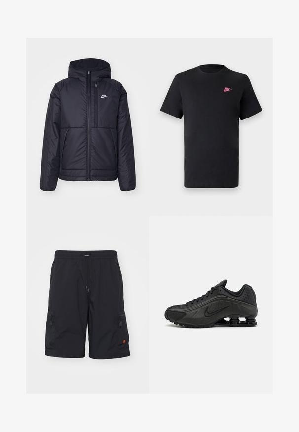 Must musta Nike jope, millel on ees lukuga avamine ja kapuuts. Vasakpoolne rind on kaunistatud valge logoga ning ees on kaks taskut. Sile välimine tekstuur.; Must musta t-särk, millel on ümmargune kaelus ja lühikesed varrukad. Ees on roosa Nike logo vasakul ülaosas. Sile tekstuur.; Mustad must shorts kergest kangast, millel on elastne vöökoht seadistusega ja külje vaherahetaskud ning väike logo vasakul jalal.; Mustad mustat jooksujalad, millel on sile sünteetiline ülemus, perforatsioonid, tekstureeritud külgpaneelid ja eristuv elastne tall.