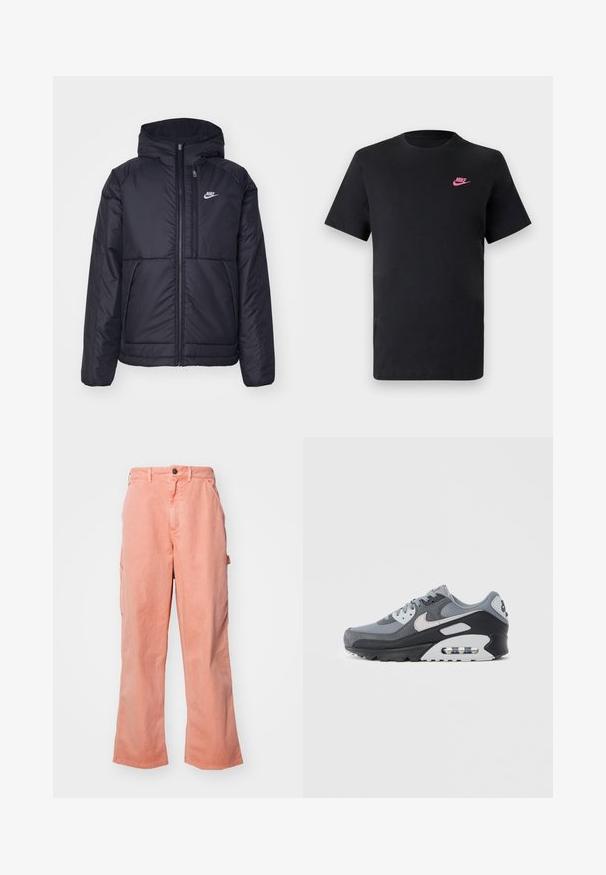 Melna, pufota Nike jaka ar priekšējo rāvējslēdzēju un kapuci. Iezīmēta ar baltu logotipu uz kreisās krūtis un divām priekšējām kabatām. Gluda ārējā tekstūra.; Melnas kokvilnas T-krekls ar apaļu kaklu un īsām piedurknēm. Uz augšējās kreisās puses ir rozā Nike logo. Gluda tekstūra.; Persiku krāsas cargo bikses, izgatavotas no kokvilnas. Iespējo pogu aizdare, plata kāju forma un sānu kabatas praktiskai lietošanai. Gluda tekstūra, ikdienišķs dizains.; Pelēki sporta apavi ar acs un zamšāda materiālu kombināciju, melnu zolīti un redzamu gaisa spilventiņu. Izceltas gaiši pelēkas detaļas un auklas.