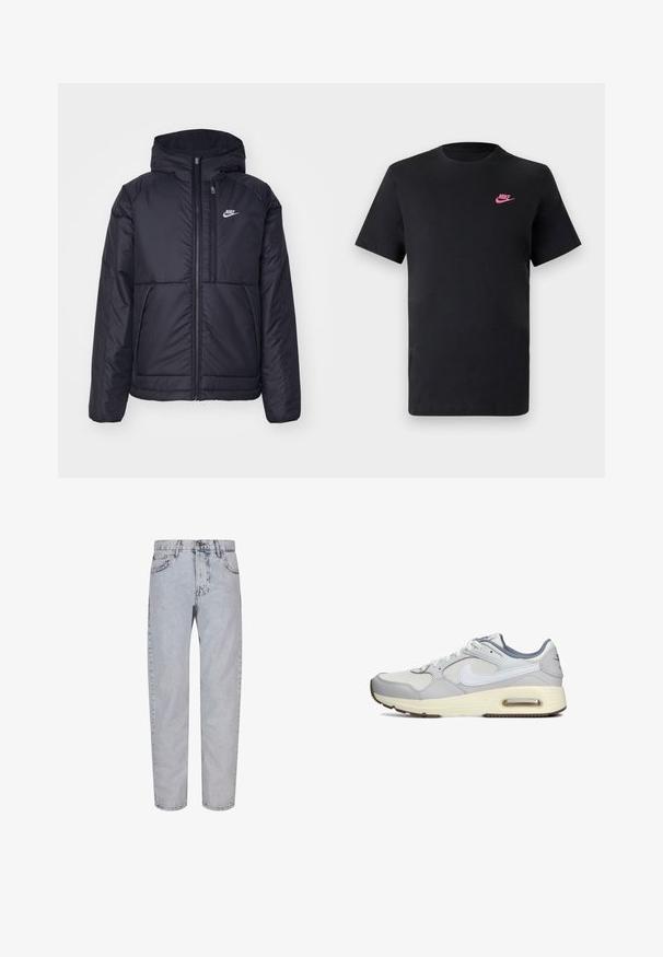 Chaqueta acolchada negra de Nike con cremallera frontal y capucha. Presenta un logo blanco en el lado izquierdo del pecho y dos bolsillos frontales. Textura exterior suave.; Camiseta de algodón negra con cuello redondo y mangas cortas. Presenta un logo de Nike en rosa en la parte superior izquierda. Textura suave.; 2Y Premium Vaqueros boyfriend - lightblue; Zapatilla deportiva gris con parte superior de cuero y textil, que presenta detalles en blanco, un cojín de aire visible y una suela de goma con surcos de tracción.