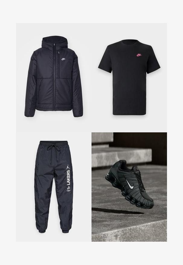 Svart, polstret Nike-jakke med frontglidelås og hette. Har en hvit logo på venstre bryst og doble frontlommer. Glatt ytterside.; Svart bomull T-skjorte med rund hals og korte ermer. Har en rosa Nike-logo på øvre venstre side. Glatt tekstur.; Mørkeblå lette joggebukser med elastisk midjebånd og snøring, sidelommer, og hvite trykte logoer på venstre ben.; Nike treningssko i mørkegrønn, med en glatt syntetisk overdel, mesh tekstur, svarte snører og en blank såle med luftdemping.