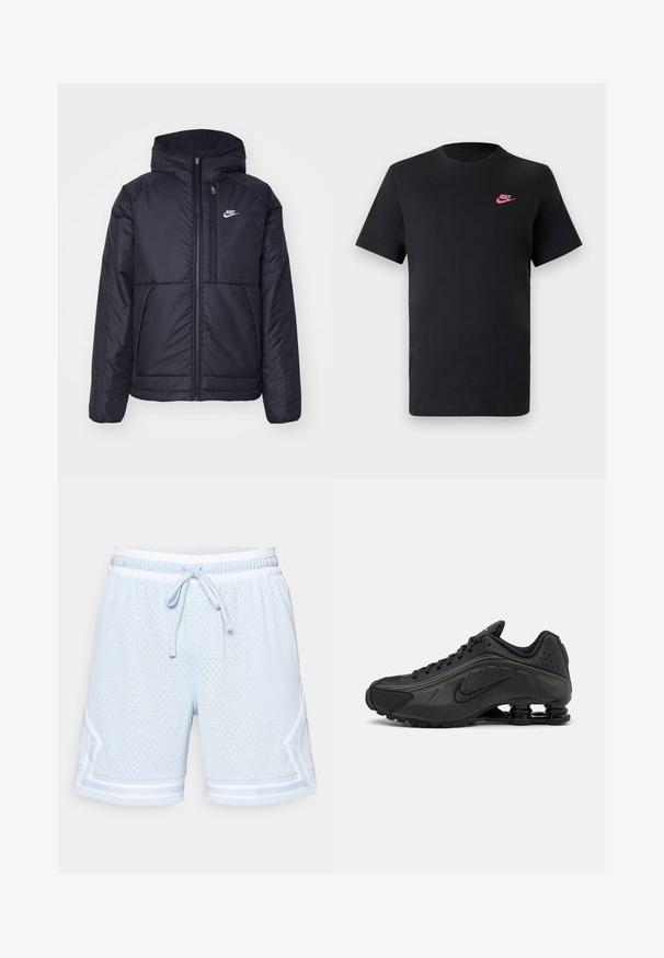 Casaco Nike preto, acolchoado, com fecho à frente e capuz. Apresenta um logo branco no lado esquerdo do peito e dois bolsos frontais. Textura exterior lisa.; T-shirt de algodão preto com decote redondo e mangas curtas. Apresenta um logótipo da Nike rosa no lado superior esquerdo. Textura suave.; Calções em malha azul claro com um tecido leve e respirável. Apresentam um cós elástico com cordão e riscas brancas.; Ténis de corrida pretos com um upper sintético suave, acentos perfurados, painéis laterais texturizados e uma sola distinta e elástica.