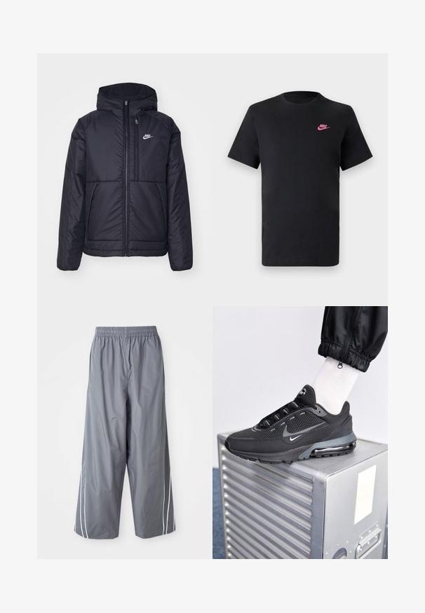 Schwarze, gepolsterte Nike-Jacke mit Frontreißverschluss und Kapuze. Hat ein weißes Logo auf der linken Brust und zwei Fronttaschen. Glattes äußeres Material.; Schwarzes Baumwoll-T-Shirt mit rundem Ausschnitt und kurzen Ärmeln. Mit einem pinken Nike-Logo auf der oberen linken Seite. Glatte Textur.; Graue, leichte, synthetische weit geschnittene Hosen mit elastischem Bund und weißen Seitenstreifen. Glatte Textur mit einem lässigen Design.; Nike Sportswear PULSE - Sneaker low - black/anthracite