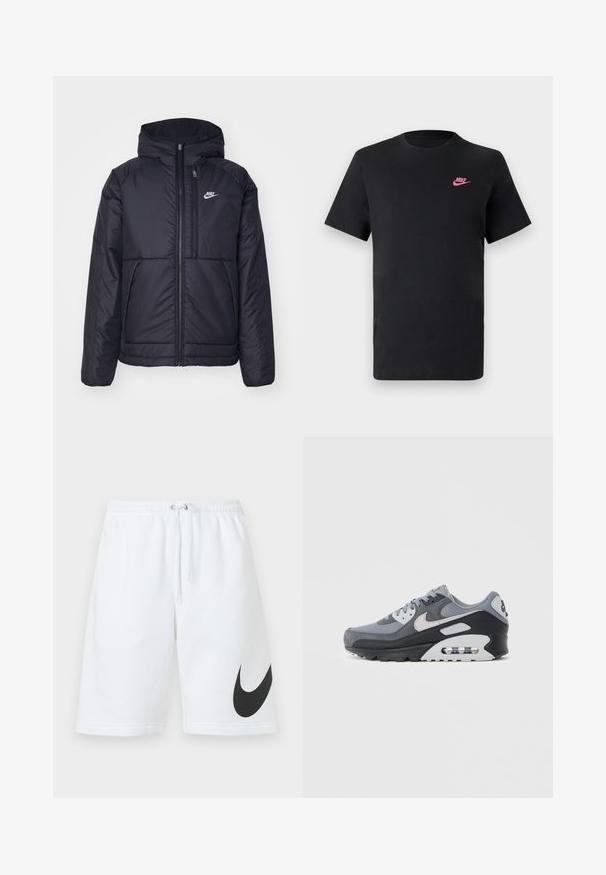 Melna, pufota Nike jaka ar priekšējo rāvējslēdzēju un kapuci. Iezīmēta ar baltu logotipu uz kreisās krūtis un divām priekšējām kabatām. Gluda ārējā tekstūra.; Melnas kokvilnas T-krekls ar apaļu kaklu un īsām piedurknēm. Uz augšējās kreisās puses ir rozā Nike logo. Gluda tekstūra.; Baltas kokvilnas šorts ar elastīgu jostasvietu, regulējamu auklu un lielu melnu Nike logo kreisajāijā kājā. Gluda tekstūra.; Pelēki sporta apavi ar acs un zamšāda materiālu kombināciju, melnu zolīti un redzamu gaisa spilventiņu. Izceltas gaiši pelēkas detaļas un auklas.
