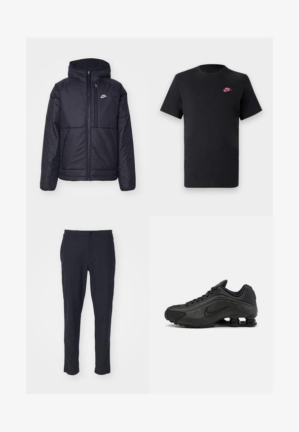 Crna Nike jakna s podstavom, dugmadi sprijeda i kapuljačom. Ima bijeli logotip na lijevoj strani prsnog koša i dva prednja džepa. Glatka vanjska tekstura.; Crna pamučna majica s okruglim izrezom i kratkim rukavima. Ima ružičasti Nike logo na gornjoj lijevoj strani. Glatka tekstura.; Tamno plave krojene hlače od glatkog materijala; imaju zatvaranje na dugme, petlje za pojas i bočne džepove; slim fit dizajn.; Crne trkačke cipele s glatkim sintetičkim gornjim dijelom, perforiranim detaljima, teksturiranim bočnim panelima i karakterističnim elastičnim potplatom.