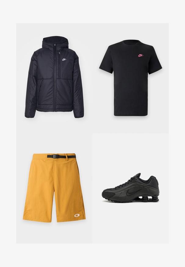Czarna, pikowana kurtka Nike z przednim zamkiem błyskawicznym i kapturem. Posiada białe logo po lewej stronie klatki piersiowej oraz podwójne kieszenie z przodu. Gładka struktura zewnętrzna.; Czarna bawełniana koszulka z okrągłym dekoltem i krótkimi rękawami. Posiada różowe logo Nike na górnej lewej stronie. Gładka faktura.; Żółte materiałowe szorty z czarnym regulowanym paskiem, do kolan, o gładkiej fakturze, z białym logo na dolnej lewej nodze.; Czarne buty biegowe z gładką syntetyczną cholewką, perforowanymi akcentami, teksturowanymi bocznymi panelami oraz wyraźną sprężystą podeszwą.