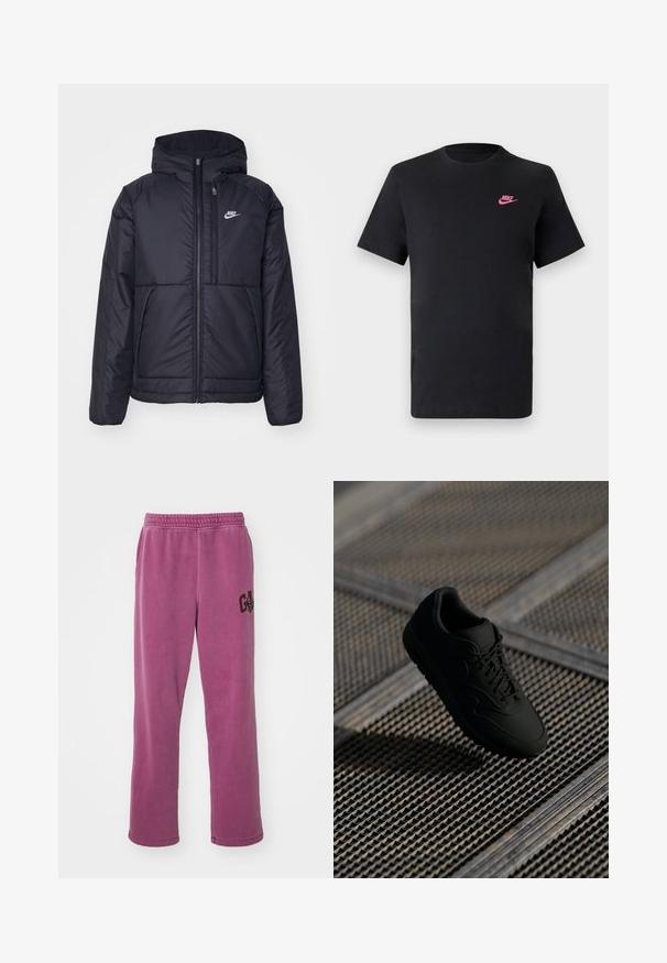 Black, padded Nike jacket with a front zipper and hood. Features a white logo on the left chest and dual front pockets. Smooth exterior texture.; Black cotton t-shirt with a round neckline and short sleeves. Features a pink Nike logo on the upper left side. Smooth texture.; Purple sweatpants with a relaxed fit, featuring an elastic waistband and side pockets. A dark logo accent is present on the left leg.; Black sneaker with a smooth texture, round toe, lace-up front, and subtle branding. Displayed against a textured, industrial background.