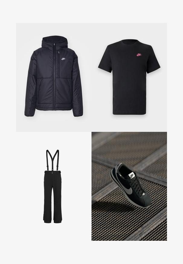 Svart, polstret Nike-jakke med frontglidelås og hette. Har en hvit logo på venstre bryst og doble frontlommer. Glatt ytterside.; Svart bomull T-skjorte med rund hals og korte ermer. Har en rosa Nike-logo på øvre venstre side. Glatt tekstur.; Sorte snøbukser med justerbare seler, glidelåslukking foran, sidelommer med glidelås og elastiske mansjetter i kanten for en sikker passform.; Sorte Nike-sneaker med grå detaljer, suede og mesh-materialer, teksturert såle, smal form og klassisk snøredesign.