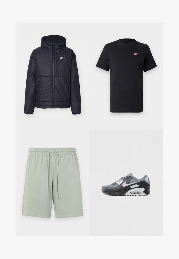 Svart, polstret Nike-jakke med frontglidelås og hette. Har en hvit logo på venstre bryst og doble frontlommer. Glatt ytterside.; Svart bomull T-skjorte med rund hals og korte ermer. Har en rosa Nike-logo på øvre venstre side. Glatt tekstur.; Lys grønne shorts laget av mykt stoff, med elastisk midje og snøring, sidelommer og en liten logoakent.; Grå joggesko med en blanding av mesh og semsket skinn, med svart såle og synlig luftpute. Merkbare lysegrå detaljer og lisser.