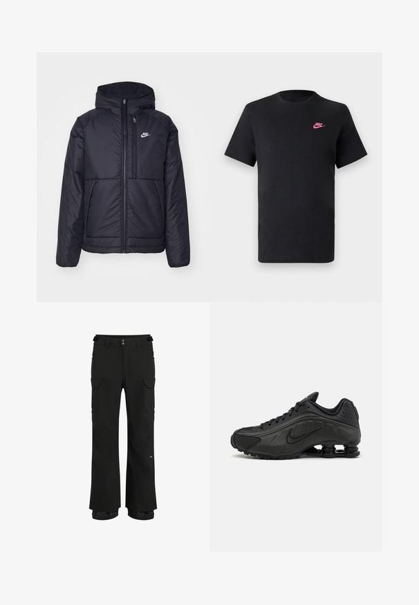 Jachetă Nike neagră, căptușită, cu fermoar pe față și glugă. Prezintă un logo alb pe pieptul stâng și două buzunare frontale. Textură exterioară netedă.; Tricou din bumbac negru cu decolteu rotund și mâneci scurte. Are un logo Nike roz în partea stângă sus. Textură netedă.; Pantaloni cargo negri, cu o croială lejeră, multiple buzunare laterale, talie ajustabilă și țesătură rezistentă la apă, ideal pentru utilizare în aer liber.; Pantofi de alergare negri, cu o parte superioară netedă din material sintetic, accente perforate, panouri laterale texturate și o talpă distinctivă și elastică.