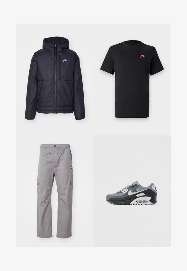 Schwarze, gepolsterte Nike-Jacke mit Frontreißverschluss und Kapuze. Hat ein weißes Logo auf der linken Brust und zwei Fronttaschen. Glattes äußeres Material.; Schwarzes Baumwoll-T-Shirt mit rundem Ausschnitt und kurzen Ärmeln. Mit einem pinken Nike-Logo auf der oberen linken Seite. Glatte Textur.; Graue Cargo-Hosen mit elastischem Bund, Knopfverschluss, zwei Seitentaschen und einem kleinen Logo-Tag auf der linken Seite. Weicher Stoff und gerade Passform.; Grauer Sneaker mit einer Mischung aus Mesh- und Wildledermaterialien, einer schwarzen Sohle und einer sichtbaren Luftkammer. Auffällige hellgraue Akzente und Schnürsenkel.