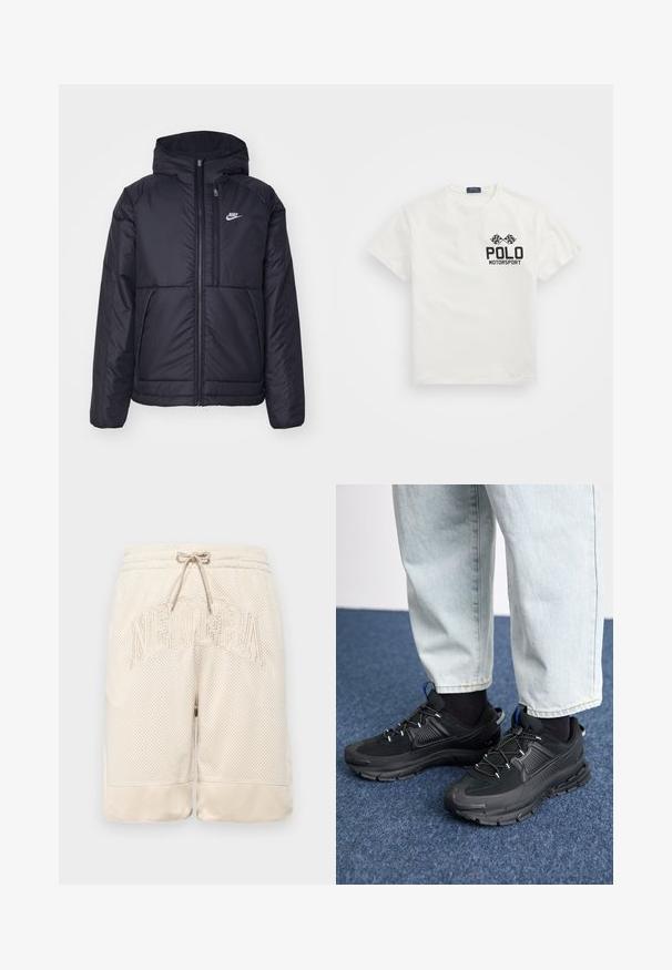 Črna, podložena Nike jakna z sprednjim zadrgo in kapuco. Ima bel logo na levem prsnem delu in dvojna sprednja žepa. Gladka zunanja tekstura.; Bela bombažna majica s krožnim vratom, na kateri je črn logotip "Polo Motorsport" in križani šahovnicasti zastavi na levem prsnem delu.; Bež mrežaste kratke hlače z teksturirano površino, ki imajo elastičen pas z vrvico in na sprednji strani izrazito našit logotip "NEWERA".; Črne športne čevlje z teksturirano tkanino in gumijastimi podplati, ki imajo elastične vezalke ter modre poudarke na peti. Nosi se z lahkimi denim hlačami.