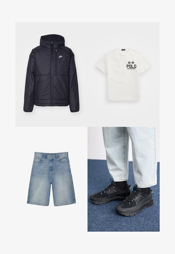Crna Nike jakna s podstavom, dugmadi sprijeda i kapuljačom. Ima bijeli logotip na lijevoj strani prsnog koša i dva prednja džepa. Glatka vanjska tekstura.; Bijela pamučna majica s okruglim izrezom, sa crnim logom "Polo Motorsport" i unakrsnim kockastim zastavicama na lijevoj strani prsnog dijela.; Svijetloplavi traper šorts s ravnim krojem sadrži pet džepova, zatvarač i blago izblijedjeli izgled.; Crne atletske cipele s teksturiranom tkaninom i gumene potplate, s elastičnim vezicama i plavim akcentom na peti. Nosene su s svijetlim trapericama.