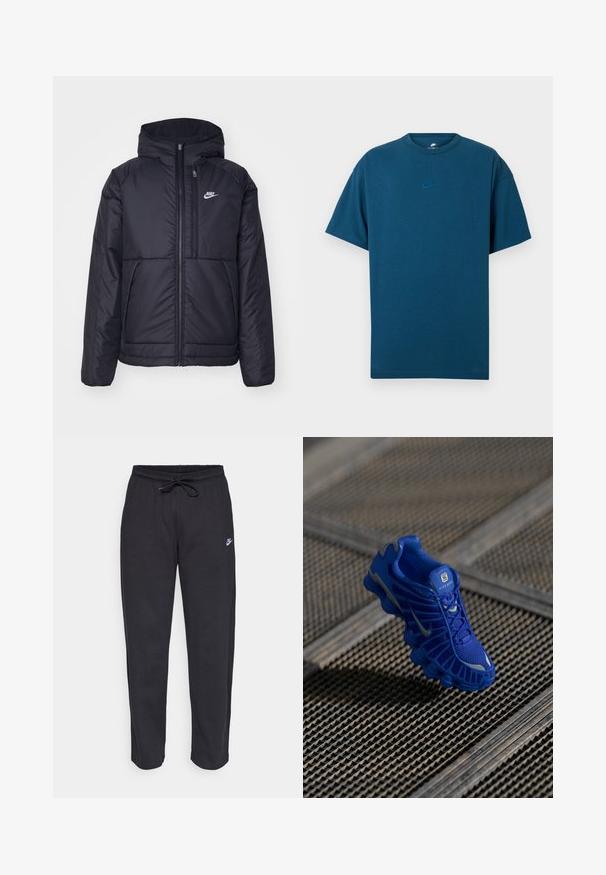 Fekete, párnázott Nike dzseki elülső cipzárral és kapucnival. A bal mellen fehér logó található, valamint két elülső zseb. Simának tűnő külső felület.; Kék pamut póló rövid ujjakkal, kerek nyakkivágással és kis, világoskék Nike logóval a mellrészen. Puha tapintású, laza fit.; Fekete, puha anyagból készült melegítőnadrág, rugalmas derékkal, húzózsinórral és egy kis Nike logóval a bal combján.; Kék sportcipő, hálós felsőrésszel, texturált dizájnnal, és hangsúlyos talppal, amely különböző párnázási elemekkel és fényvisszaverő részletekkel rendelkezik.