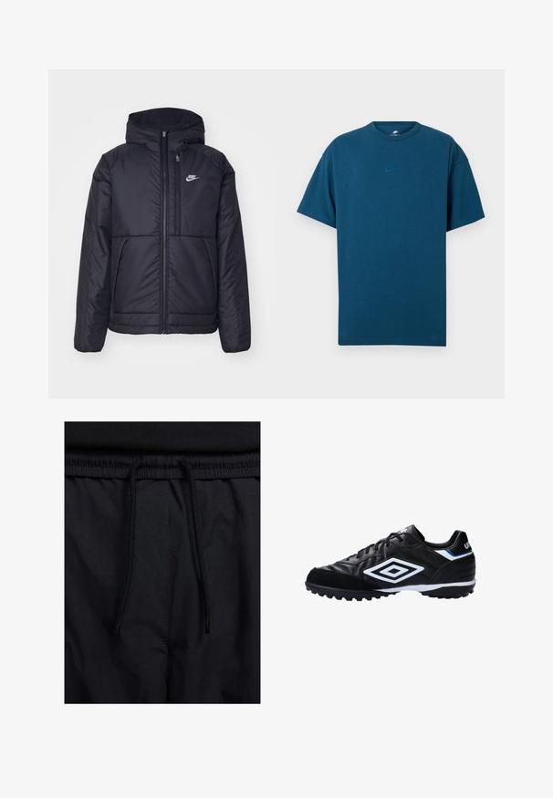 Svart, polstret Nike-jakke med frontglidelås og hette. Har en hvit logo på venstre bryst og doble frontlommer. Glatt ytterside.; Blå bomull T-skjorte med korte ermer, rund hals, og en liten, lys blå Nike-logo på brystet. Myk tekstur, avslappet passform.; Sorte shorts med snor i livet, lett stoff med en jevn tekstur, og et enkelt design uten synlige logoer eller mønstre.; Svart fotballsko med syntetisk lær, strukturert overdel, hvite og blå detaljer, gummisåle med pigger for godt grep.