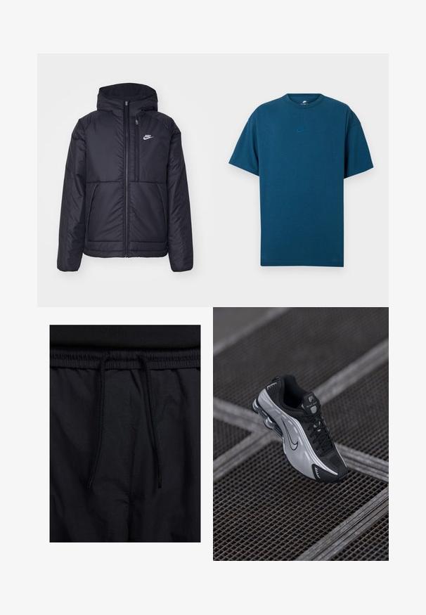 Črna, podložena Nike jakna z sprednjim zadrgo in kapuco. Ima bel logo na levem prsnem delu in dvojna sprednja žepa. Gladka zunanja tekstura.; Modra bombažna majica s kratkimi rokavi, okroglega izreza in majhnim svetlo modrim logotipom Nike na prsih. Mehka tekstura, sproščen kroj.; Črne kratke hlače z vrvico v pasu, lahkotna tkanina z gladko teksturo in preprosto zasnovo brez vidnih logotipov ali vzorcev.; Nike atletski čevljih z črno-srebrnim dizajnom. Narejeni so iz sintetičnih materialov z mrežnimi akcenti in podporno podplat z vidno zračnostjo.