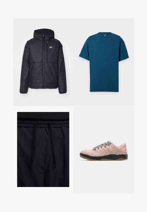 Čierna, polstrovaná bunda Nike so zipsom vpredu a kapucňou. Na ľavej strane hrude sa nachádza biele logo a sú tu dva predné vrecká. Hladký vonkajší povrch.; Modrá bavlnená tričko s krátkymi rukávmi, klasickým výstrihom a malým svetlomodrým logom Nike na hrudi. Mäkká textúra, voľný strih.; Čierne šortky s pásom na stiahnutie, z ľahkej látky s hladkou textúrou a jednoduchým dizajnom bez viditeľných log alebo vzorov.; Ružové semišové tenisky s čiernou gumovou podrážkou, zigzagovým vzorom a čierno-bielymi šnúrkami. Diskrétne logo na päte.