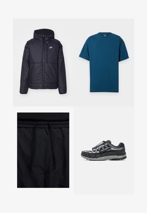 Svart, polstret Nike-jakke med frontglidelås og hette. Har en hvit logo på venstre bryst og doble frontlommer. Glatt ytterside.; Blå bomull T-skjorte med korte ermer, rund hals, og en liten, lys blå Nike-logo på brystet. Myk tekstur, avslappet passform.; Sorte shorts med snor i livet, lett stoff med en jevn tekstur, og et enkelt design uten synlige logoer eller mønstre.; Nike P-6000-sneakers i svart og grå mesh, med en strukturert overdel, reflekterende detaljer og en polstret gummisåle med ribbeformet mønster.