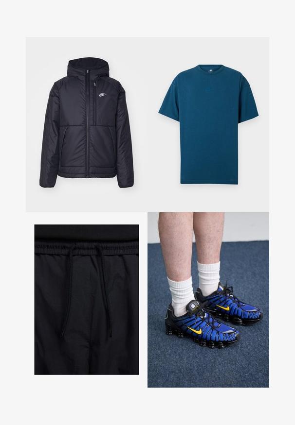 Svart, polstret Nike-jakke med frontglidelås og hette. Har en hvit logo på venstre bryst og doble frontlommer. Glatt ytterside.; Blå bomull T-skjorte med korte ermer, rund hals, og en liten, lys blå Nike-logo på brystet. Myk tekstur, avslappet passform.; Sorte shorts med snor i livet, lett stoff med en jevn tekstur, og et enkelt design uten synlige logoer eller mønstre.; Blå og svarte sportsko med nettdesign, gule detaljer og en segmentert såle. Brukt med hvite ankelsokker.