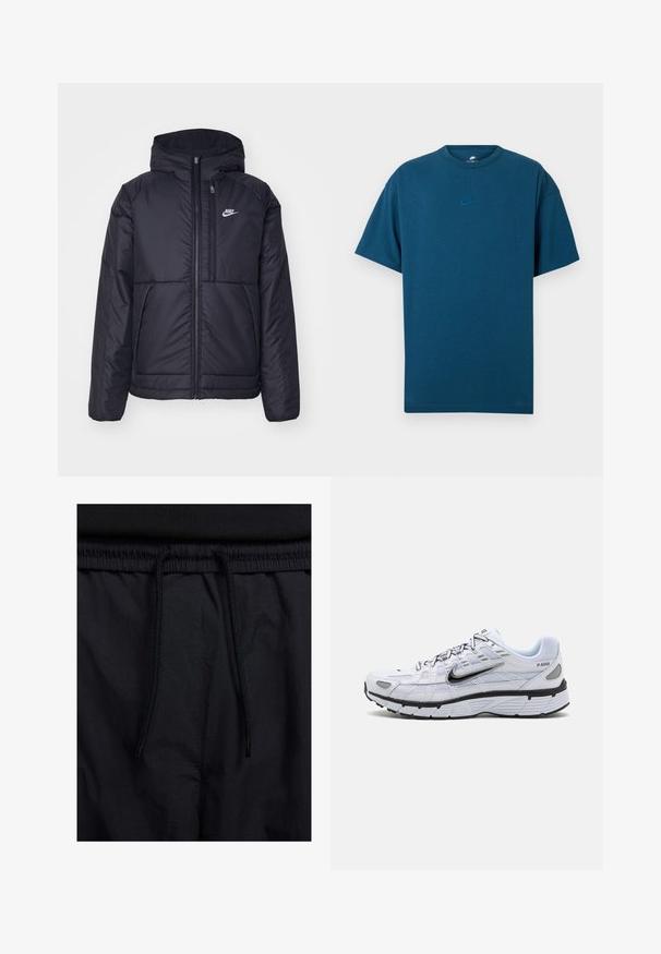 Svart, polstret Nike-jakke med frontglidelås og hette. Har en hvit logo på venstre bryst og doble frontlommer. Glatt ytterside.; Blå bomull T-skjorte med korte ermer, rund hals, og en liten, lys blå Nike-logo på brystet. Myk tekstur, avslappet passform.; Sorte shorts med snor i livet, lett stoff med en jevn tekstur, og et enkelt design uten synlige logoer eller mønstre.; Hvit løpesko med mesh-overdel, rund tå, svarte detaljer og mønstredd såle. Har snøring og merke på siden.