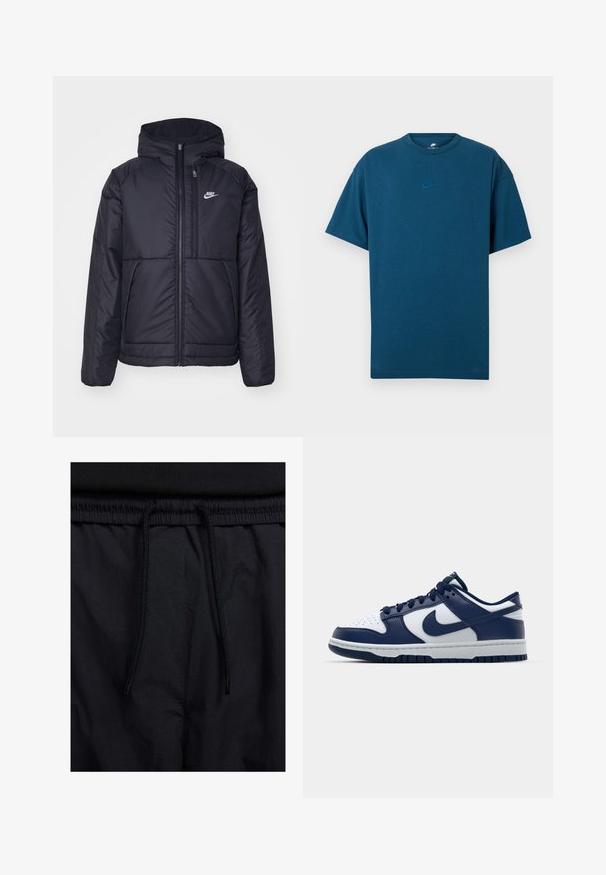 Svart, polstret Nike-jakke med frontglidelås og hette. Har en hvit logo på venstre bryst og doble frontlommer. Glatt ytterside.; Blå bomull T-skjorte med korte ermer, rund hals, og en liten, lys blå Nike-logo på brystet. Myk tekstur, avslappet passform.; Sorte shorts med snor i livet, lett stoff med en jevn tekstur, og et enkelt design uten synlige logoer eller mønstre.; Mørkeblå og hvite lær sneakers med perforert tå, snøring foran og grå mellomsåle. Har et Nike-logo på siden.