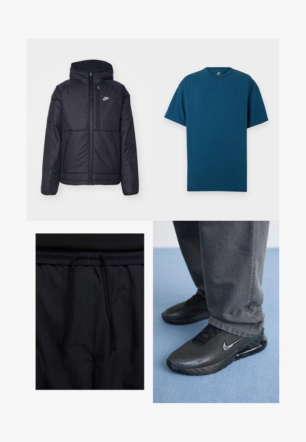Svart, polstret Nike-jakke med frontglidelås og hette. Har en hvit logo på venstre bryst og doble frontlommer. Glatt ytterside.; Blå bomull T-skjorte med korte ermer, rund hals, og en liten, lys blå Nike-logo på brystet. Myk tekstur, avslappet passform.; Sorte shorts med snor i livet, lett stoff med en jevn tekstur, og et enkelt design uten synlige logoer eller mønstre.; svarte Nike treningssko med teksturert overdel, perforerte detaljer, og en synlig luftpute, sammen med grå bukser.