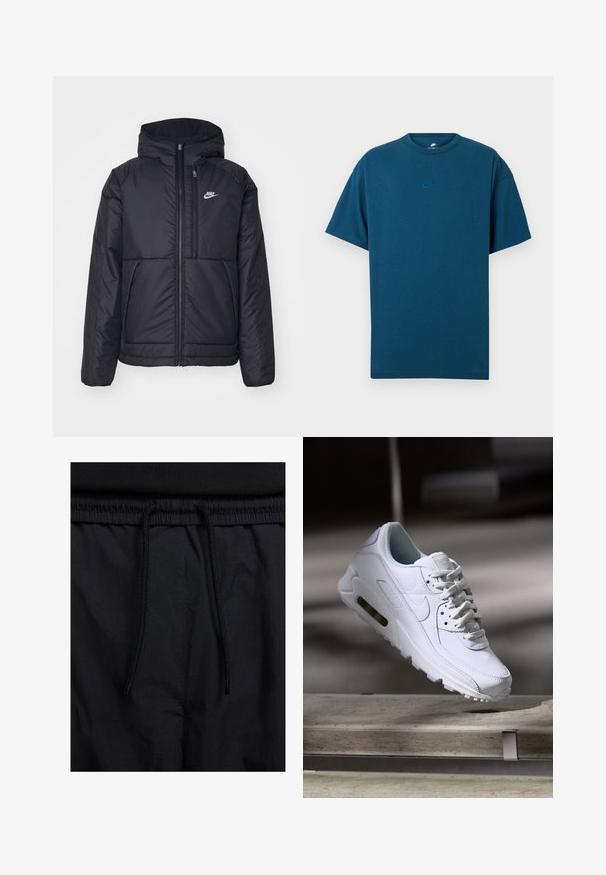 Čierna, polstrovaná bunda Nike so zipsom vpredu a kapucňou. Na ľavej strane hrude sa nachádza biele logo a sú tu dva predné vrecká. Hladký vonkajší povrch.; Modrá bavlnená tričko s krátkymi rukávmi, klasickým výstrihom a malým svetlomodrým logom Nike na hrudi. Mäkká textúra, voľný strih.; Čierne šortky s pásom na stiahnutie, z ľahkej látky s hladkou textúrou a jednoduchým dizajnom bez viditeľných log alebo vzorov.; Biele kožené tenisky s textúrovanými povrchmi, polstrovaným golierom a viditeľným vzduchovým odpružením v podrážke. Majú šnúrky a minimalistický dizajn.