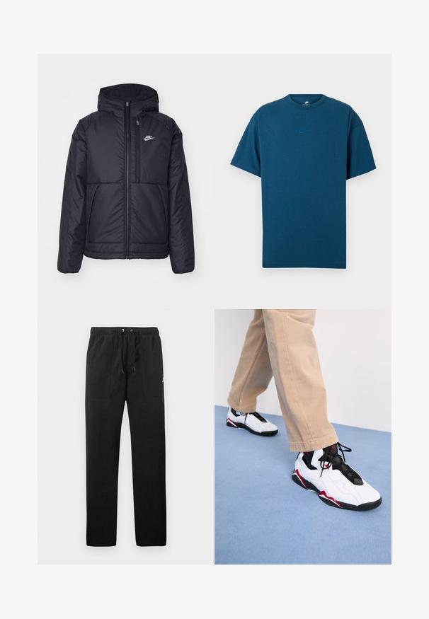 Black, padded Nike jacket with a front zipper and hood. Features a white logo on the left chest and dual front pockets. Smooth exterior texture.; Blue cotton T-shirt featuring short sleeves, a crew neckline, and a small, light blue Nike logo on the chest. Soft texture, relaxed fit.; Black sweatpants made of fleece, featuring an elastic waistband with drawstrings, two front pockets, and a small logo on the thigh.; White athletic sneakers with black and red accents, featuring a smooth upper and textured mesh, paired with light beige pants.