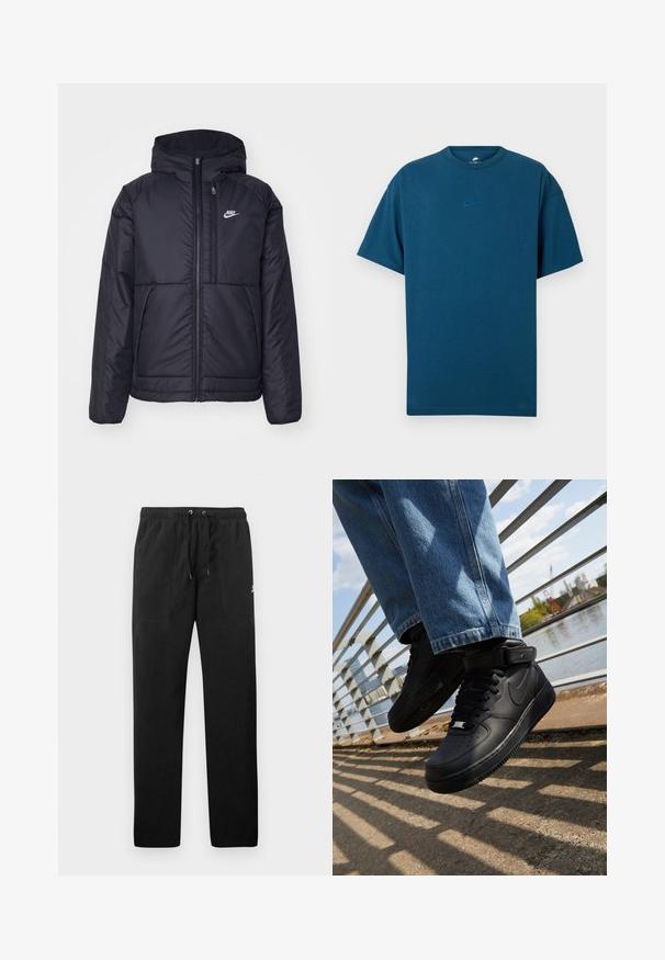 Crna Nike jakna s podstavom, dugmadi sprijeda i kapuljačom. Ima bijeli logotip na lijevoj strani prsnog koša i dva prednja džepa. Glatka vanjska tekstura.; Plava pamučna majica s kratkim rukavima, okruglim izrezom i malim, svijetloplavim Nike logotipom na prsima. Mekana tekstura, opušteni kroj.; Crne trenirke od flisa, s elastičnim pojasom i vezicama, dva prednja džepa i mali logo na butini.; Crne Nike Air Force 1 tenisice s kožnim gornjim dijelom, mrežastim jezikom i gumenenim potplatom, s visokim dizajnom i debelim vezicama.