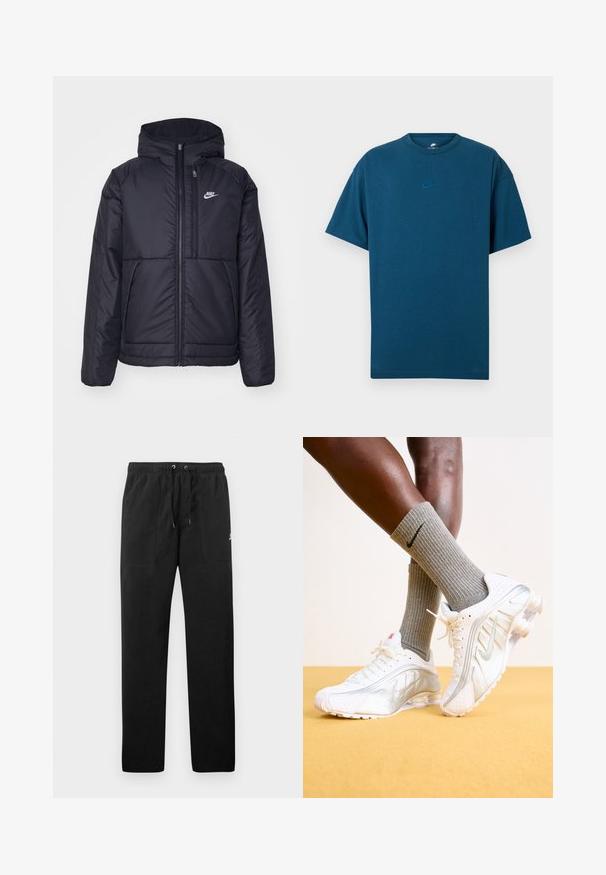 Crna Nike jakna s podstavom, dugmadi sprijeda i kapuljačom. Ima bijeli logotip na lijevoj strani prsnog koša i dva prednja džepa. Glatka vanjska tekstura.; Plava pamučna majica s kratkim rukavima, okruglim izrezom i malim, svijetloplavim Nike logotipom na prsima. Mekana tekstura, opušteni kroj.; Crne trenirke od flisa, s elastičnim pojasom i vezicama, dva prednja džepa i mali logo na butini.; Nike tenisice u bijeloj boji sa srebrnim akcentima, s teksturiranim panelima i perforacijama. Kombinirane sivoj rebrastim čarapkama, postavljene na žutoj pozadini.