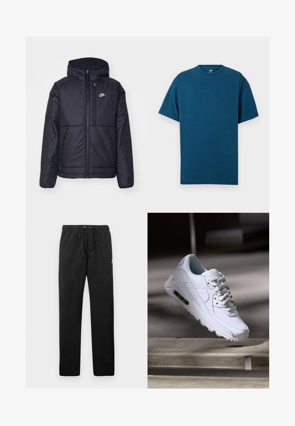 Černá zateplená bunda Nike s předním zipem a kapucí. Na levé straně hrudi má bílé logo a dvojité přední kapsy. Hladký povrch.; Modrá bavlněná tričko s krátkými rukávy, kulatým výstřihem a malým, světle modrým logem Nike na prsou. Měkká textura, volný střih.; Černé teplákové kalhoty vyrobené z fleecu, s elastickým pasem a šňůrkami, dvěma předními kapsami a malým logem na stehně.; Bílé kožené tenisky s texturovanými povrchy, polstrovaným límcem a viditelným vzduchovým odpružením v podešvi. Mají tkaničky a minimalistický design.
