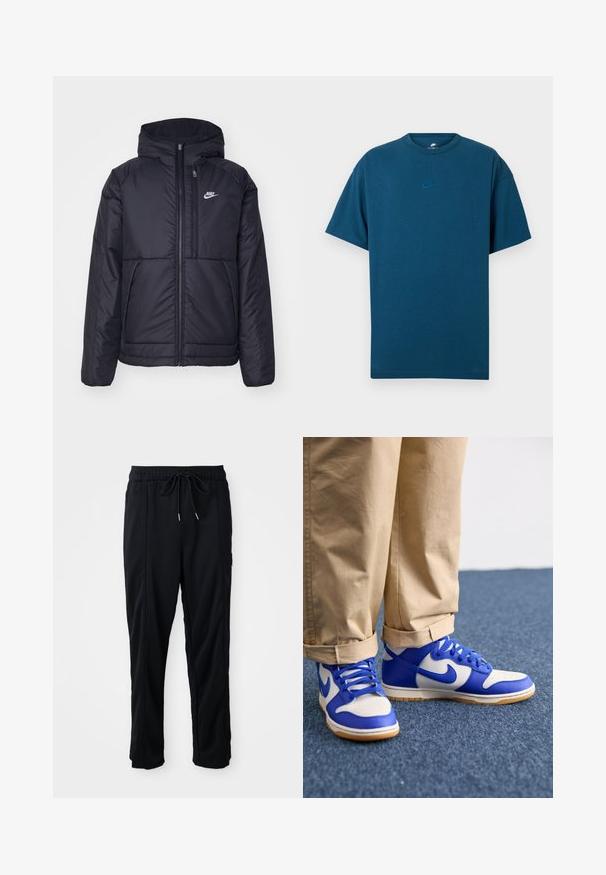 Must musta Nike jope, millel on ees lukuga avamine ja kapuuts. Vasakpoolne rind on kaunistatud valge logoga ning ees on kaks taskut. Sile välimine tekstuur.; Sinine puuvillane T-särk, millel on lühikesed varrukad, ümmargune kaelus ja väike, helesinine Nike logo rinnal. Pehme tekstuur, mugav lõige.; Mustad nööridega vööga igapäevased mustad püksid, külgseamipocketid ja sirge sääre lõikega, ühtlasel taustal.; Nike Sportswear DUNK RETRO SE - Kõrge servaga tossud - phantom/racer blue/pale ivory/gum yellow/obsidian