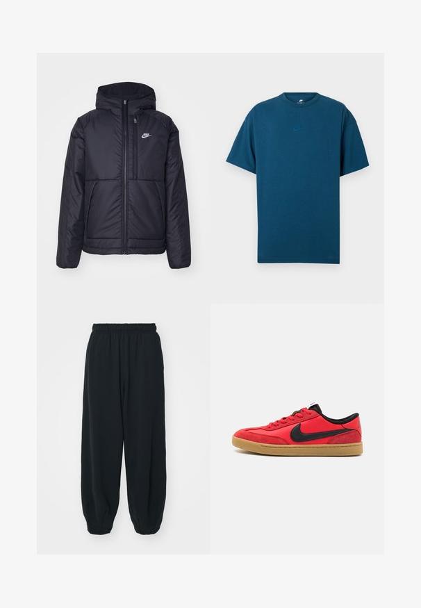 Casaco Nike preto, acolchoado, com fecho à frente e capuz. Apresenta um logo branco no lado esquerdo do peito e dois bolsos frontais. Textura exterior lisa.; T-shirt de algodão azul com mangas curtas, decote redondo e um pequeno logo Nike em azul claro no peito. Textura suave, ajuste relaxado.; Calças de fato de treino pretas, com cintura elástica e um corte solto, com punhos nas pernas, textura suave e sem padrões visíveis ou detalhes de metal.; Tênis vermelho com detalhes em preto, apresentando uma combinação de materiais de couro e camurça, uma sola de borracha tipo gum e um design clássico com atacadores.