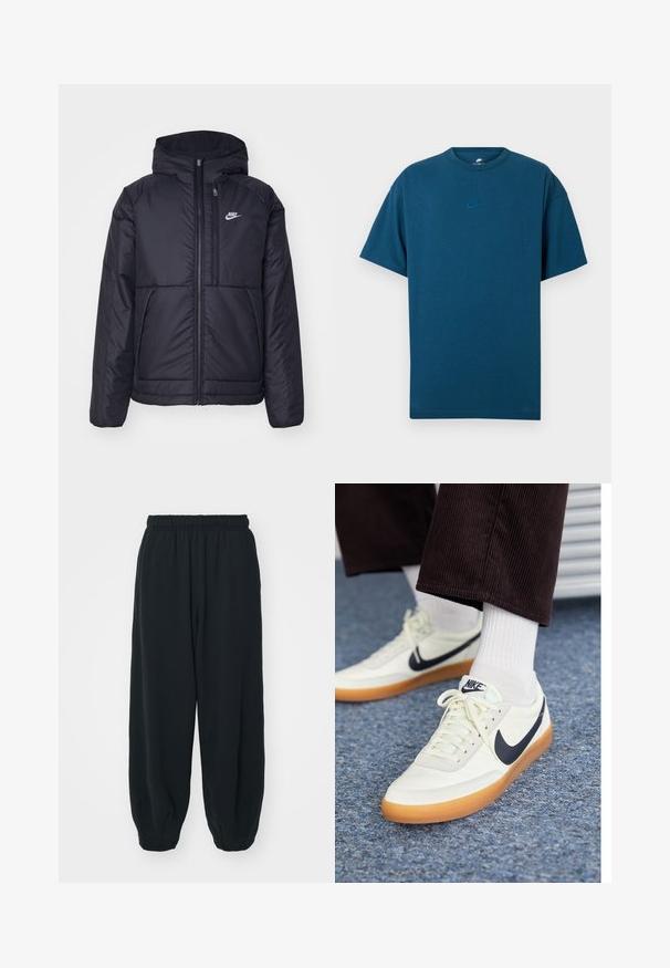 Svart, polstret Nike-jakke med frontglidelås og hette. Har en hvit logo på venstre bryst og doble frontlommer. Glatt ytterside.; Blå bomull T-skjorte med korte ermer, rund hals, og en liten, lys blå Nike-logo på brystet. Myk tekstur, avslappet passform.; Sorte, joggebukser med elastisk liv, løs passform, mansjetter på ankler, glatt tekstur og uten synlige mønstre eller hardware-detaljer.; Nike-sneakers i hvitt lær med en marineblå swoosh, med en såle av gummigummi og hvite snører, parret med hvite sokker og mørke corduroybukser.