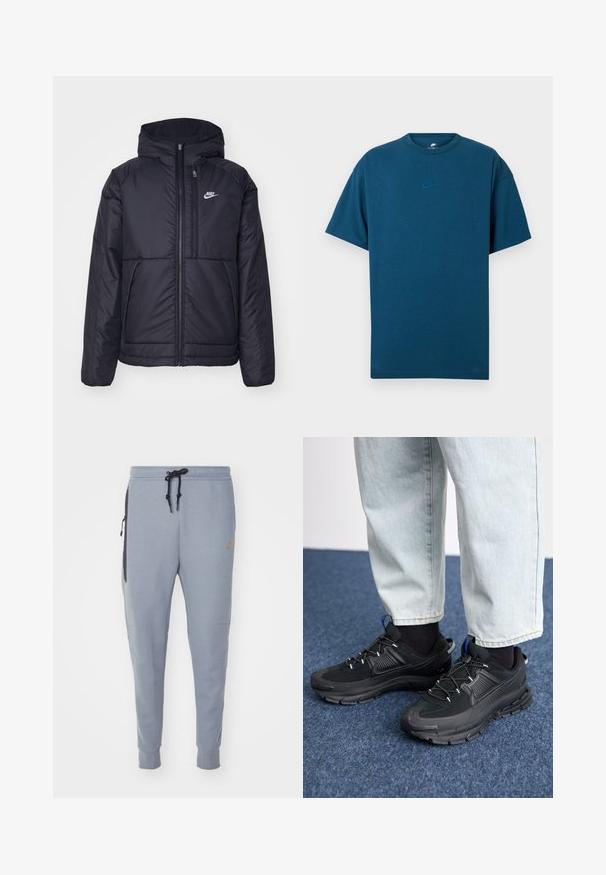 Juodas, paminkštintas Nike džemperis su priekyje užtrauktuku ir gobtuvu. Pasižymi balta logo kairėje krūtinės pusėje ir dviem priekinėmis kišenėmis. Su lygiu išoriniu paviršiumi.; Mėlynas medvilninis marškinėliai su trumpomis rankovėmis, apvaliu kaklu ir mažuoju, šviesiai mėlynu Nike logotipu ant krūtinės. Minkšta tekstūra, laisvas pasmučiai.; Nike Sportswear TECH JOGGER - Treningo apatinė dalis - cool grey; Juodi sportiniai bateliai su tekstūruota medžiaga ir guminiais padais, su elastingomis raišteliais ir mėlynu akcentu ant kulno. Dėvimi su šviesiai mėlynomis džinsinėmis kelnėmis.