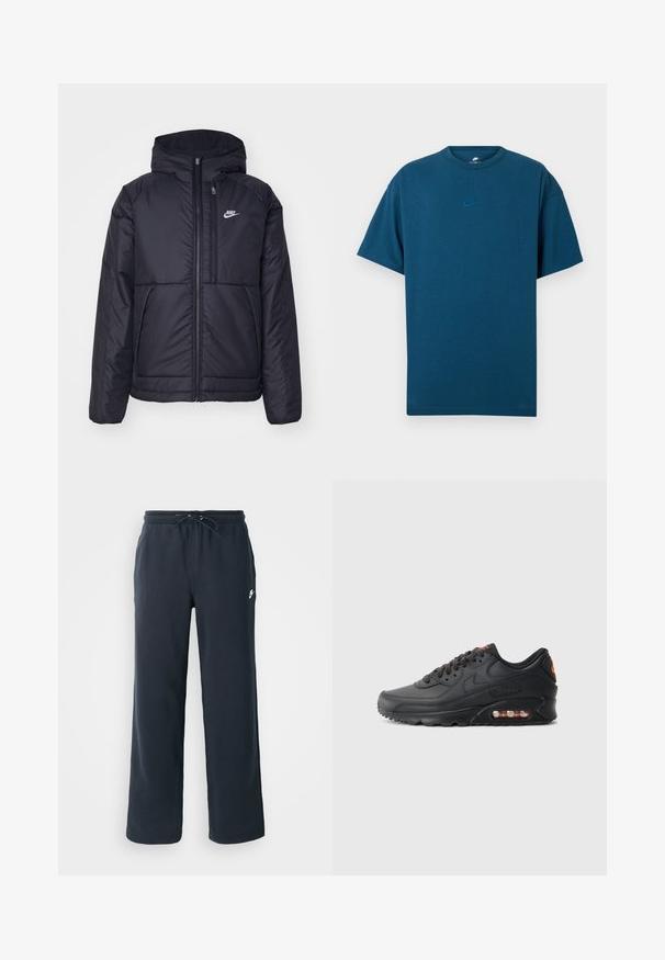 Crna Nike jakna s podstavom, dugmadi sprijeda i kapuljačom. Ima bijeli logotip na lijevoj strani prsnog koša i dva prednja džepa. Glatka vanjska tekstura.; Plava pamučna majica s kratkim rukavima, okruglim izrezom i malim, svijetloplavim Nike logotipom na prsima. Mekana tekstura, opušteni kroj.; Tamno plave dukserice s elastikom u struku i vezicom. Izrađene su od mekanog materijala, s malim bijelim logotipom na lijevom kuku.; Nike Air Max 90 tenisice s crnim sintetičkim gornjim dijelom, teksturiranom završnom obradom, vezanjem sprijeda, vidljivom zračnom jedinicom i narančastim logotipom.