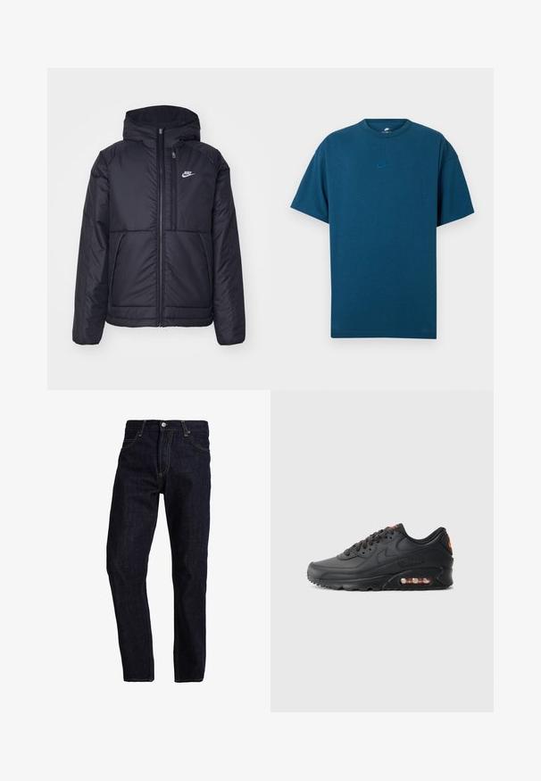 Črna, podložena Nike jakna z sprednjim zadrgo in kapuco. Ima bel logo na levem prsnem delu in dvojna sprednja žepa. Gladka zunanja tekstura.; Modra bombažna majica s kratkimi rokavi, okroglega izreza in majhnim svetlo modrim logotipom Nike na prsih. Mehka tekstura, sproščen kroj.; Temno modri traperji z ravnim krojem, ki imajo rumeno šivanje, pet žepov ter klasično gumb in zadrgo.; Tenis Nike Air Max 90 z zgornjim delom iz črnega sintetičnega materiala, teksturirano površino, povezovanjem spredaj, vidno zračna enota in oranžna logotipna poudaritev.