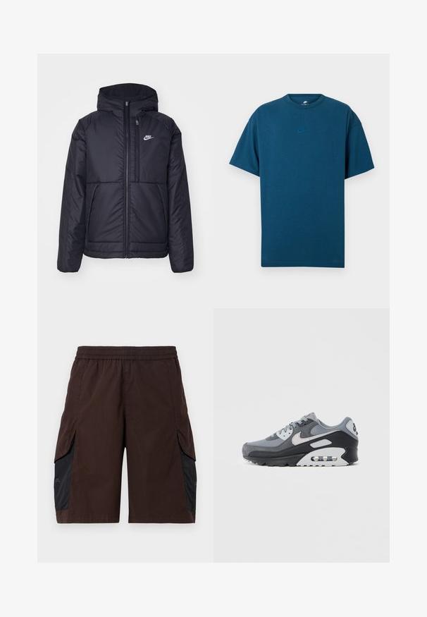 Veste Nike noire rembourrée avec une fermeture éclair sur le devant et une capuche. Elle présente un logo blanc sur la poitrine gauche et deux poches avant. Texture extérieure lisse.; T-shirt en coton bleu avec des manches courtes, un col rond et un petit logo Nike bleu clair sur la poitrine. Texture douce, coupe décontractée.; Shorts marron avec une ceinture élastique, dotés de panneaux latéraux noirs et de poches passepoilées. Le matériau semble léger avec une texture lisse.; Baskets grises avec une combinaison de mesh et de daim, semelle noire et unité d'air visible. Accents gris clair et lacets notables.