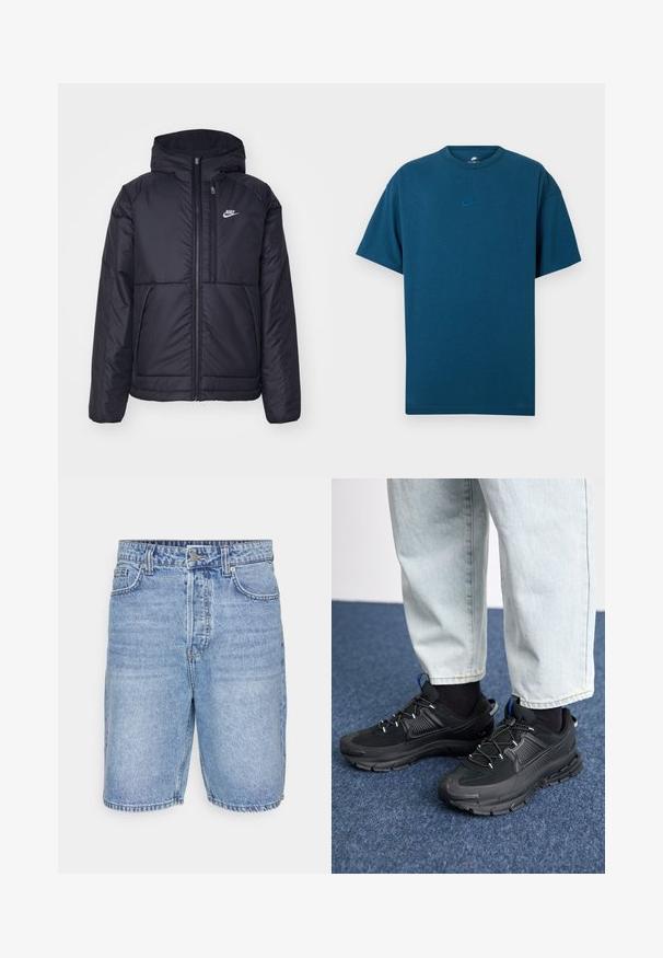 Must musta Nike jope, millel on ees lukuga avamine ja kapuuts. Vasakpoolne rind on kaunistatud valge logoga ning ees on kaks taskut. Sile välimine tekstuur.; Sinine puuvillane T-särk, millel on lühikesed varrukad, ümmargune kaelus ja väike, helesinine Nike logo rinnal. Pehme tekstuur, mugav lõige.; Heledad sinine teksapükste lühikesed püksid, mis sisaldavad klassikalist disaini, viit taskut, lukuleti ning nähtavat õmblemist servadel.; Mustad mustad jooksukingad, millel on tekstureeritud kangas ja kummist tallad, elastsed nöörid ning sinine aksent kandadel. Kandmine heledate teksadega.
