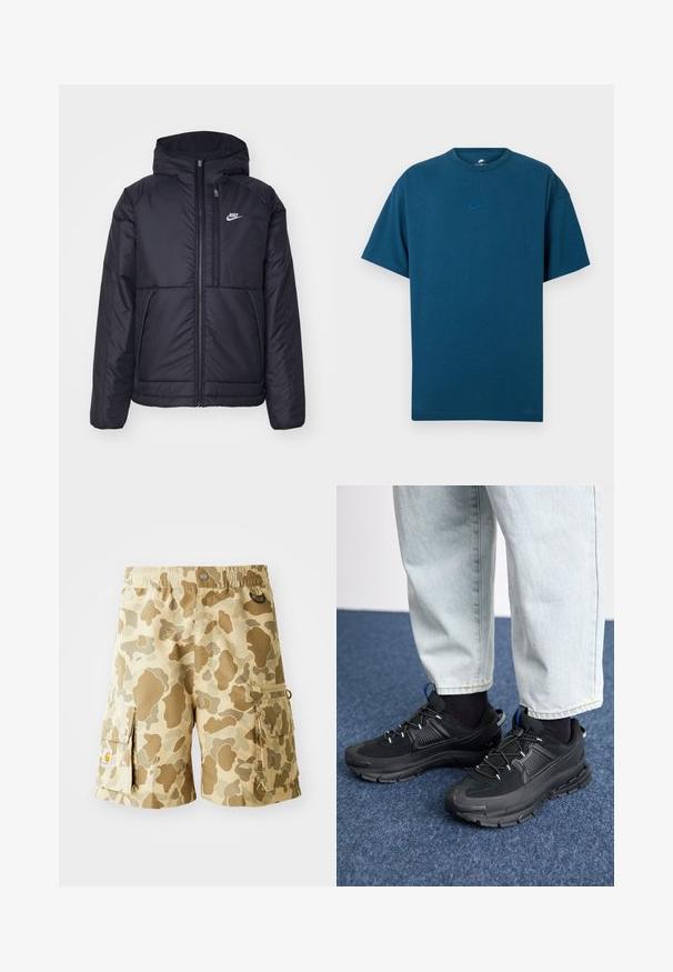 Crna Nike jakna s podstavom, dugmadi sprijeda i kapuljačom. Ima bijeli logotip na lijevoj strani prsnog koša i dva prednja džepa. Glatka vanjska tekstura.; Plava pamučna majica s kratkim rukavima, okruglim izrezom i malim, svijetloplavim Nike logotipom na prsima. Mekana tekstura, opušteni kroj.; Maslinaste cargo kratke hlače s kamuflažnim uzorkom u nijansama smeđe. Sadrže elastičnu traku u struku, bočne džepove i detalje od tkanine.; Crne atletske cipele s teksturiranom tkaninom i gumene potplate, s elastičnim vezicama i plavim akcentom na peti. Nosene su s svijetlim trapericama.