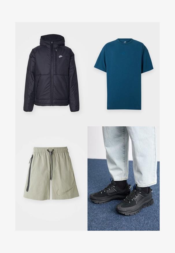 Melna, pufota Nike jaka ar priekšējo rāvējslēdzēju un kapuci. Iezīmēta ar baltu logotipu uz kreisās krūtis un divām priekšējām kabatām. Gluda ārējā tekstūra.; Zila kokvilnas T-kreklu ar īsām piedurknēm, apaļu kakla izgriezumu un mazu gaismas zilu Nike logo uz krūtīm. Mīksta tekstūra, brīvas formas.; Gaiši pelēki sporta šorti ar elastīgu jostu, auklu, divām sānu kabatām ar rāvējslēdzējiem un perforētu logotipa detaļu apakšējā kreisajā kājā.; Melni sporta apavi ar strukturētu audumu un gumijas zoli, ar elastīgām auklām un zilu akcentu uz papēža. Nēsāti ar gaišām džinsu biksēm.