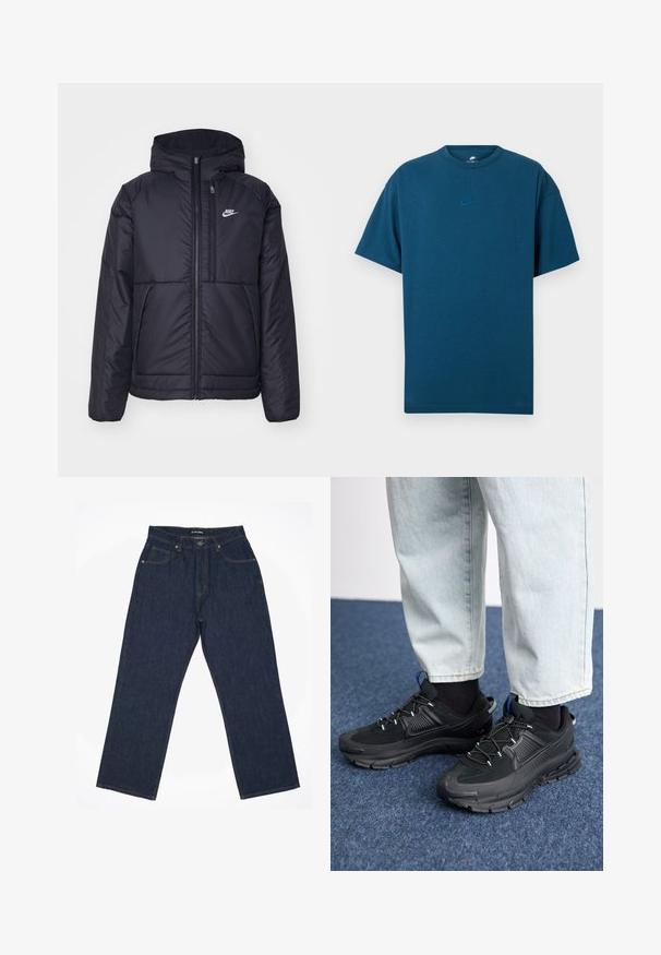 Svart, polstret Nike-jakke med frontglidelås og hette. Har en hvit logo på venstre bryst og doble frontlommer. Glatt ytterside.; Blå bomull T-skjorte med korte ermer, rund hals, og en liten, lys blå Nike-logo på brystet. Myk tekstur, avslappet passform.; Mørkeblå denimbukser med rett ben-design, med gul søm, fem lommer og knappelukking i livet.; Svarte sportssko med teksturert stoff og gummisåler, med elastiske lisser og en blå detalj på hælen. Brukt med lyse denimbukser.